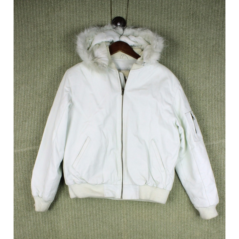 Vintage 90s White Leather Bomber Jacket Faux Fur Hood Mens L Hip Hop Streetwear